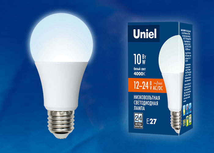 LED-A60-10W/NW/E27/FR/12-24V PLO55WH Лампа светодиодная. 12-24В. Форма «A», матовая. Белый свет (400
